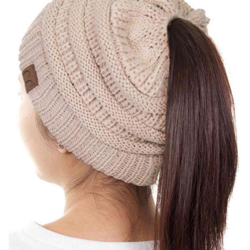 C.C Cable Knit Ponytail Beanie - Tan